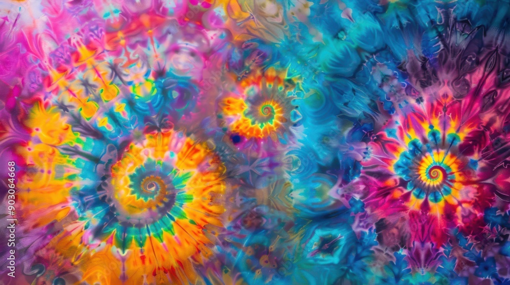 Poster a vibrant tie-dye background with swirling, psychedelic colors and patterns, creating a lively and a