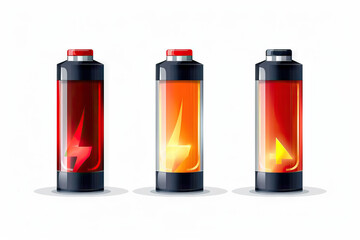 "Set of three batteries with distinct flame icons depicting various energy levels, against a clean white background."