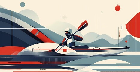 sporty retro futuristic graphic design of olympic kayaking competitions, with bright colors and geometric shapes
