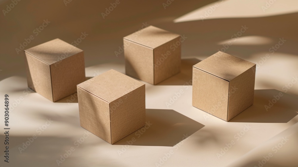 Poster four cube-shaped cardboard boxes casting shadows in soft natural light.