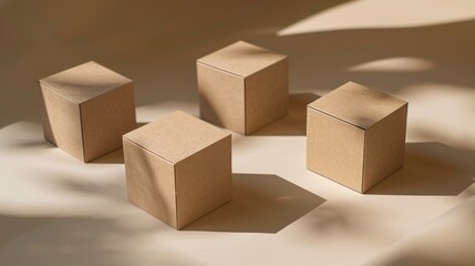 Four cube-shaped cardboard boxes casting shadows in soft natural light.