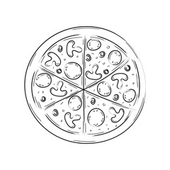 Pizza hand drawn sketch. Black and white art line vector illustration isolated on white background.