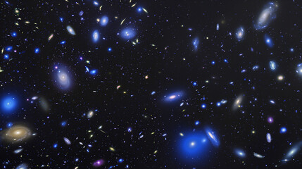 A vast expanse of space, illuminated by a radiant blue glow. Scattered throughout this cosmic backdrop are numerous twinkling blue dots, resembling distant stars or perhaps even galaxies