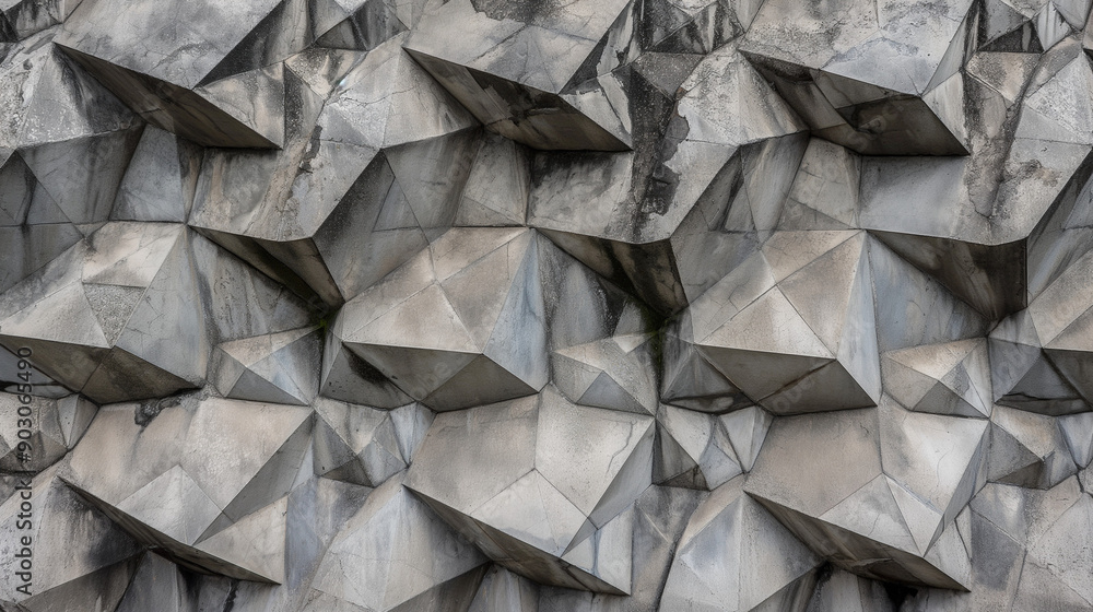 Poster a geometric, abstract facade made of interconnected concrete blocks. the blocks are irregularly shap