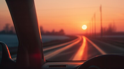 A car driving towards a fiery sunset on a rural road. The setting sun casts a warm glow on the asphalt.