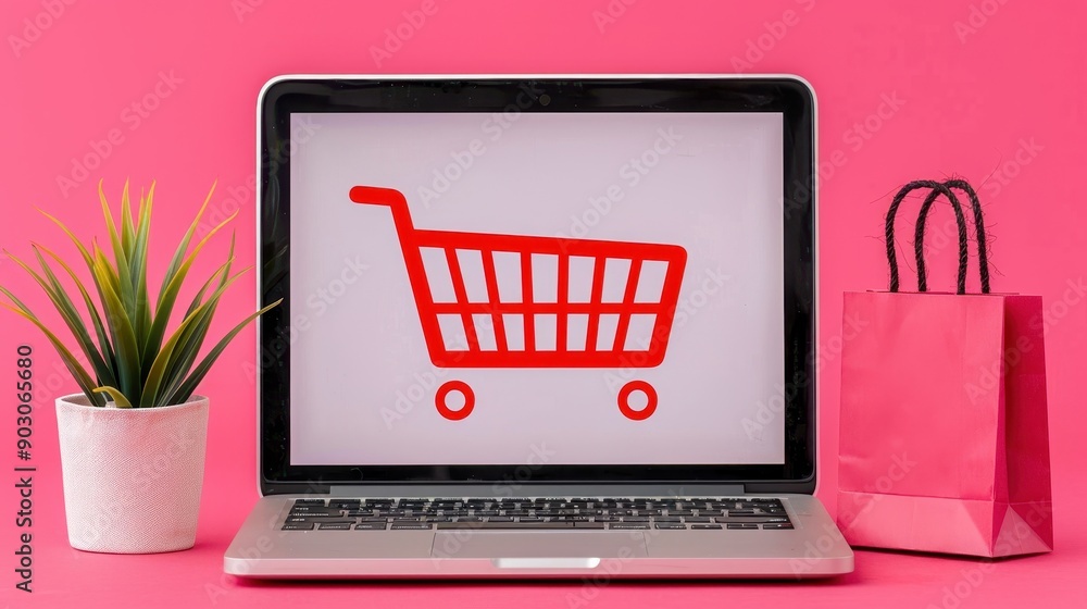 Poster laptop displaying a shopping cart icon with a pink background, symbolizing online shopping and e-com