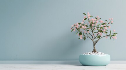 A delicate bonsai tree with pink blossoms in a blue pot against a light blue wall.