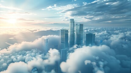 Fototapeta premium Skyscrapers over the clouds. 3d Illustration.