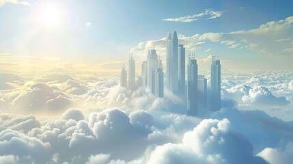 Fototapeta premium Skyscrapers over the clouds. 3d Illustration.