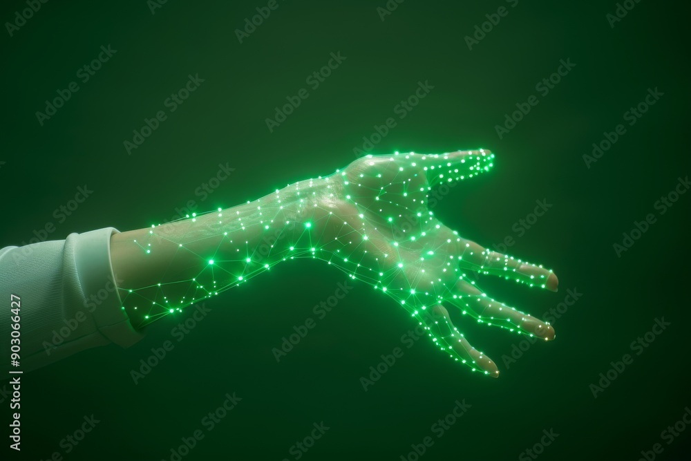Aufkleber robotic hand with green neon lights in a dark setting highlighting advanced technology and sleek des