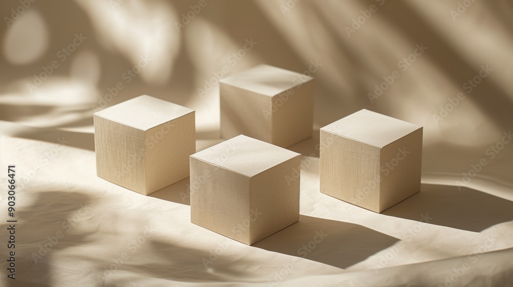 Poster four wooden cubes placed on a soft beige fabric with dappled sunlight and shadows creating a tranqui