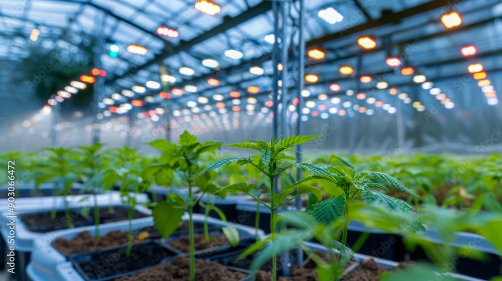 Poster A close-up view of young plants growing in a greenhouse under artificial lights. The plants are arranged in rows and are being watered by a misting system.