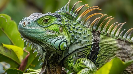 Obraz premium Closeup of a Green Iguana in a Lush Tropical Environment