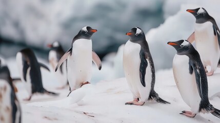 Obraz premium Group of Penguins Walking on Ice