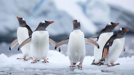 Obraz premium Five Penguins Walking on Ice in Antarctica