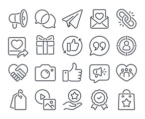 Brand ambassador, pr and public influence editable stroke outline icons set isolated on white background flat vector illustration. Pixel perfect. 64 x 64