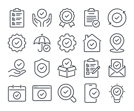 Check mark related editable stroke outline icons set isolated on white background flat vector illustration. Pixel perfect. 64 x 64
