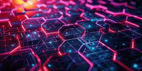 Abstract glowing hexagonal pattern with pink and blue lights.