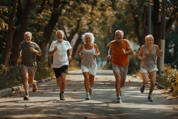 Group of Five Active Senior Adults Jogging in the Park, Maintaining Healthy Lifestyle