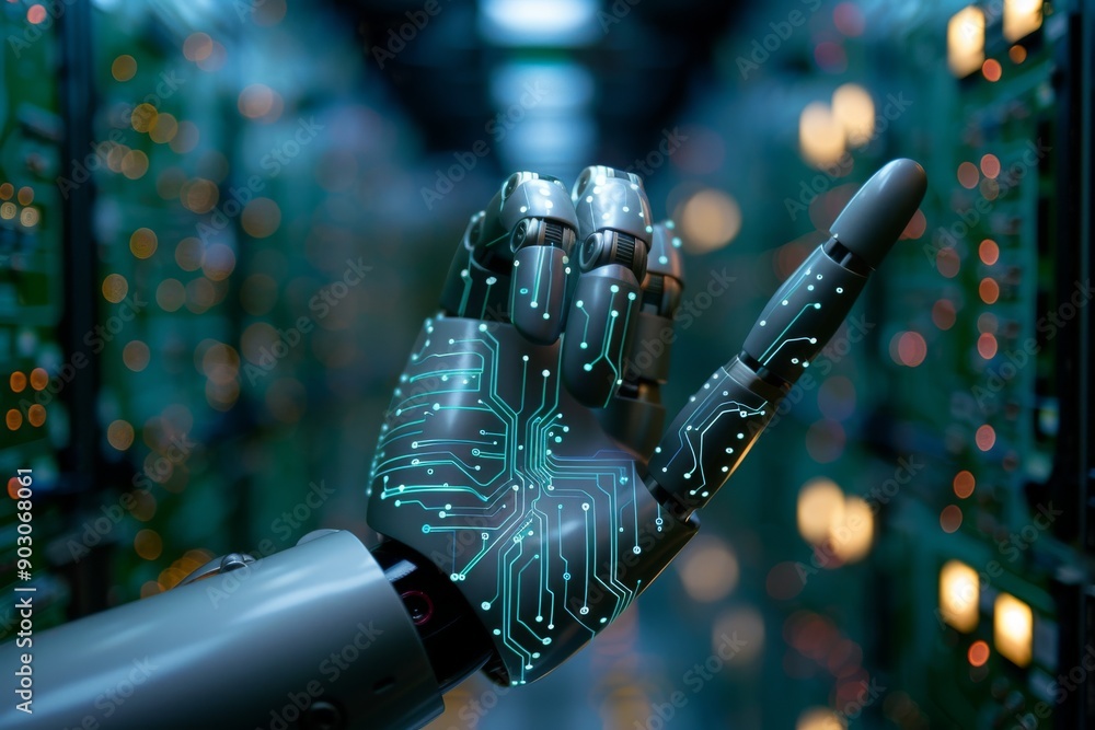 Poster robotic hand with sleek design in a high tech environment showcasing advanced technology and intrica