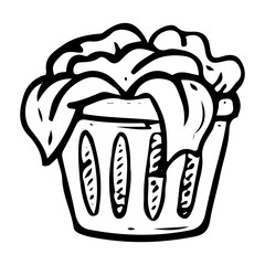 Hand drawn doodle of dirty laundry basket. Storing clothes for washing and drying textiles in the laundry room. Cleaning the house. Vector outline line art illustration.