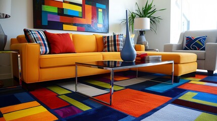 A modern living room with a carpet featuring bold, geometric patterns in vibrant colors