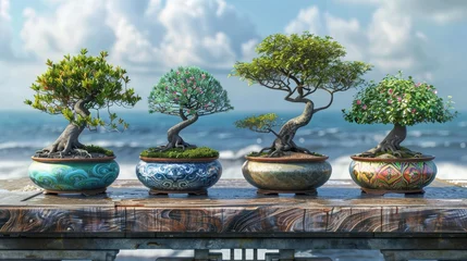  Four bonsai trees in ornate pots sit on a wooden railing overlooking a calm ocean.  The sky is bright blue with fluffy clouds. © Tanakorn