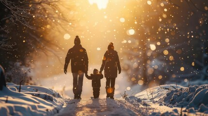 A family silhouette of parents and a child holding hands on a snowy winter day