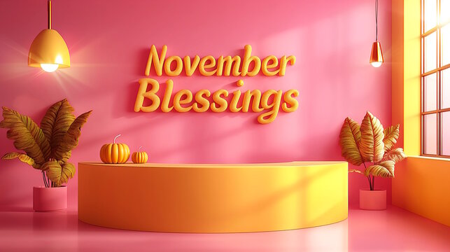 "November Blessings" text in yellow on a pink and yellow background, perfect for fall and Thanksgiving celebrations with a vibrant and modern design