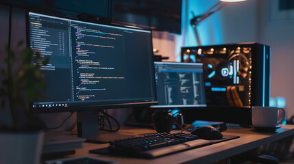 modern computer setup with code on the screen, symbolizing software development and coding work in an office environment