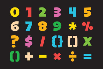 Cute funky colorful isolated numbers and math signs icons set design element on black background