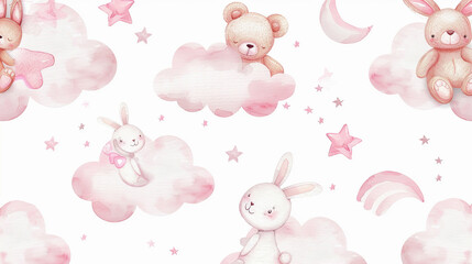 Seamless pattern with cartoon clouds, magical bunny bear toys and stars. Watercolor children's hand drawn illustration on white background for wallpaper, bed linen