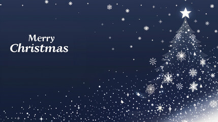 Naklejka premium Christmas background with starry night, snowflakes and lights in dark blue color. Glowing christmas tree for Happy New Year card design template. text 