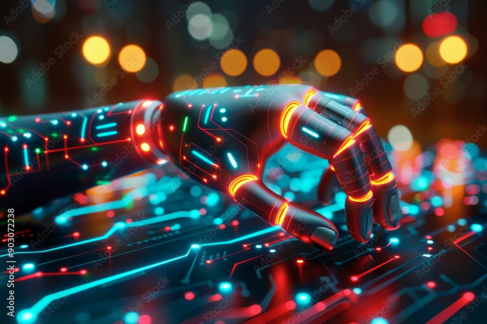 Aufkleber robotic hand with neon lights in a futuristic setting highlighting advanced technology and sleek des