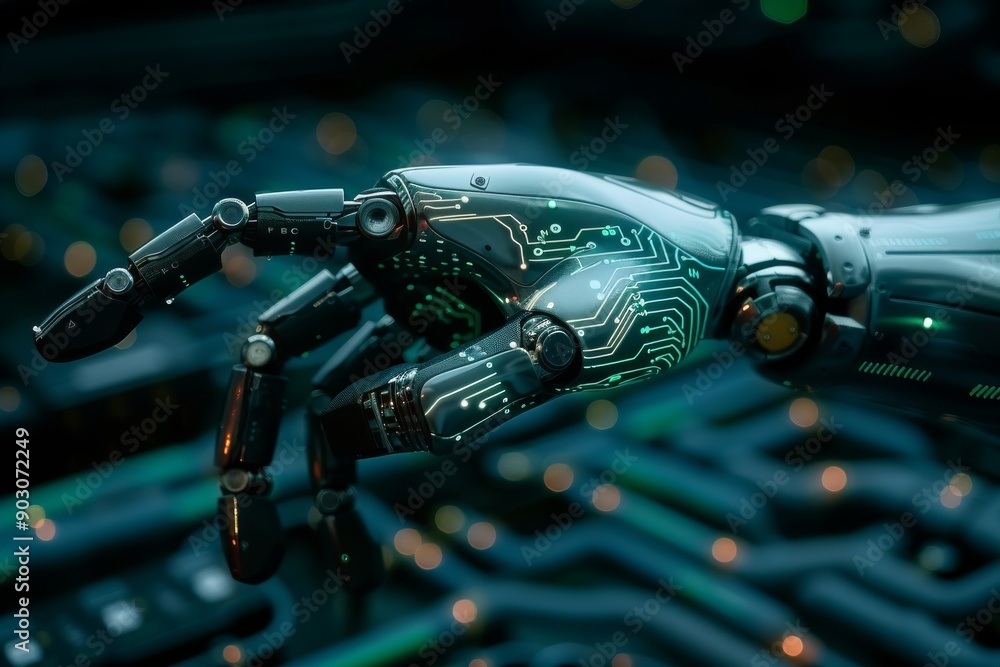 Poster black and blue robotic hand with neon circuits showcasing advanced technology and sleek design in a 