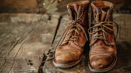 Vintage Leather Boots on Rustic Wooden Plank