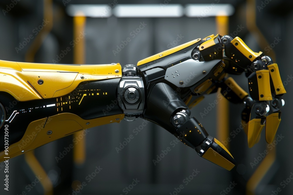 Poster yellow and black robotic hand with mechanical components showcasing advanced technology and sleek de