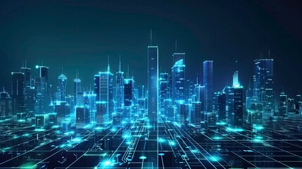 Futuristic cityscape illuminated with neon lights and digital connections, showcasing advanced technology and innovation.