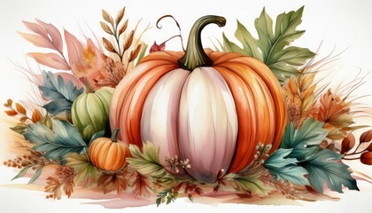 Fall sublimation, Watercolor thanksgiving pastel pumpkin leaf clipart, Autumn farm clip art, Printable hand drawn digital download image