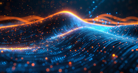 Obraz premium Digital background with glowing blue and orange dots on a dark wave, in a technology futuristic concept. abstract data flow