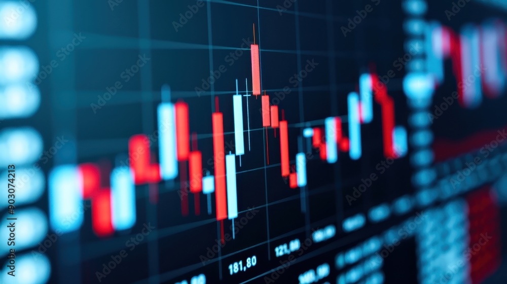 Poster a close-up view of a financial chart displaying market trends with red and green candlesticks on a d