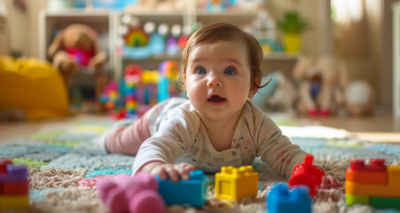 Stock image of a cute little baby playing with colorful building blocks in a bright and cheerful setting, concept of cute little smiling babies enjoying their childhood 