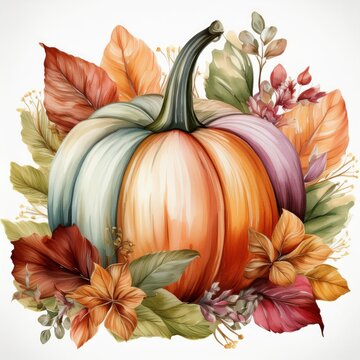 Fall sublimation, Watercolor thanksgiving pastel pumpkin leaf clipart, Autumn farm clip art, Printable hand drawn digital download image