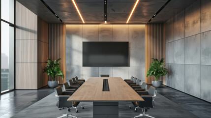 Conference room Office meeting room presentation style Modern sized small Room screen Frame Mockup black chair cement wall background