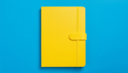 Empty yellow day planner or notepad isolated on blue background. Cover template. Mock-up. Close-up.