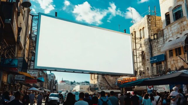 A huge blank poster hanging on a building in City, which used to be a cinema, a big letter hanging from it,generative ai