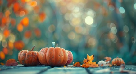features the serene beauty of autumn, showcasing pumpkins, fallen leaves, sunlit forest. Perfect for celebrating Halloween, Thanksgiving Day, the harvest season, and the enchanting autumn ambiance