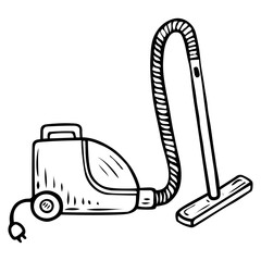Vacuum cleaner hand drawn doodle. Electric tool for cleaning the house from dirt. Sweeping and mopping the floor. Laundry room. Vector outline line art illustration.