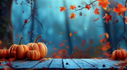 features the serene beauty of autumn, showcasing pumpkins, fallen leaves, sunlit forest. Perfect for celebrating Halloween, Thanksgiving Day, the harvest season, and the enchanting autumn ambiance