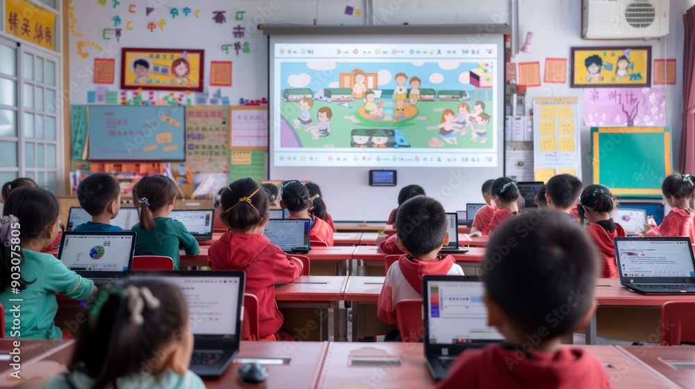 Poster Modern Classroom with Interactive Whiteboards and Laptops for Students' Advanced Learning Experiences